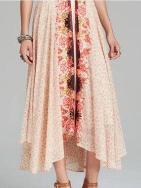 Free People Floral Maxi Skirt Elastic Waist & Layered Hem Boho Hippie